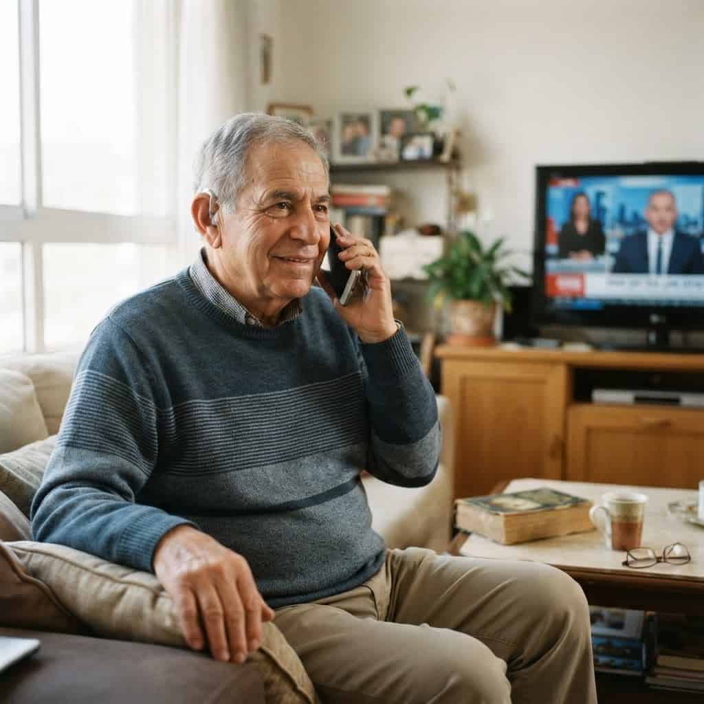 אדם מבוגר עם מכשיר שמיעה מדבר בטלפון בסלון מול הטלוויזיה